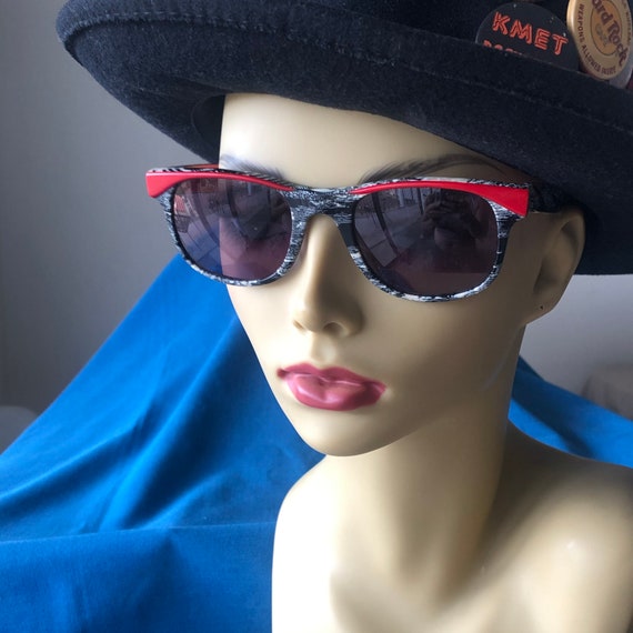 Vintage 80s Red, Black, White Sunglasses, The Bea… - image 1