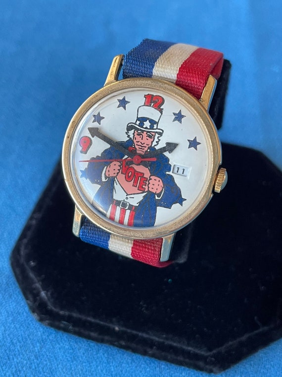 Vintage Uncle Sam vote Watch Mechanical Movement Patriotic Canvas Band 70 s Political Superman Character Retro Cartoon Man Woman 60s 70s Etsy