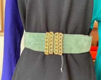 Vintage Leather Suede Green Belt with Gold Chain Buckle, Designer LeJon, Womans Fashion Clothing Accessory, for Dress, Suit, Blouse, Size M