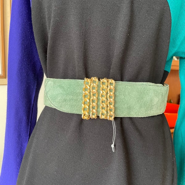 Vintage Leather Suede Green Belt with Gold Chain Buckle, Designer LeJon, Womans Fashion Clothing Accessory, for Dress, Suit, Blouse, Size M