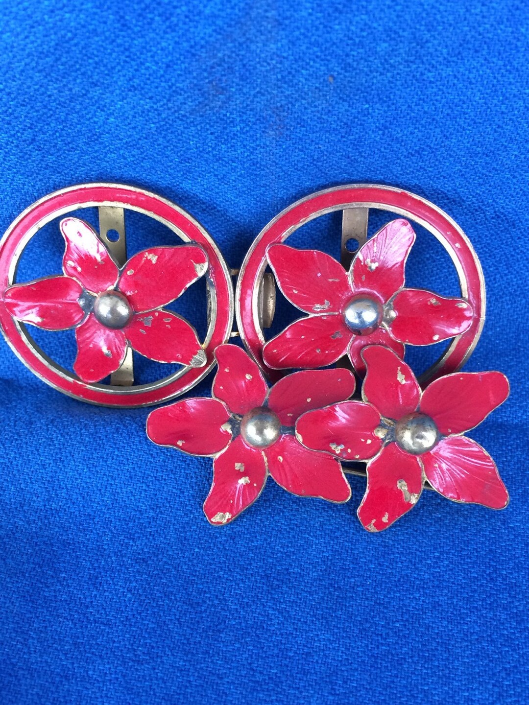 Vintage Red Flower Pin Brooch and Belt Buckle Made of Gold Metal With
