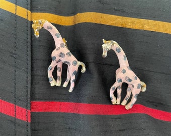 Vintage Giraffe Scatter Pins, Set, Pair, Gold Tone, Pink with Black Spots Figural MCM Brooch Womans Fashion Clothing Accessory, 1950s 1960s