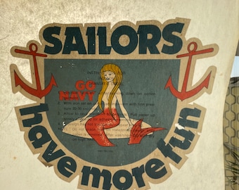 Vintage Sailors Have More Fun Iron on Transfer, Go Navy with Mermaid & Anchors for T Shirt, Jacket, Men, Women, Clothing, Tote Bag 70's, 80s