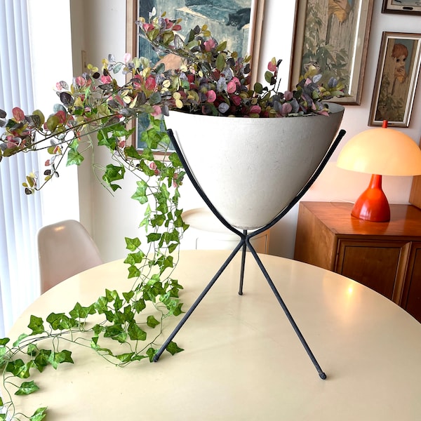 Vintage Mid Century Modern Bullet Planter, Fiberglass & Black Iron Stand, Atomic, Mid Century Modern Home Decor, 22” Tall, Eames Era, MCM