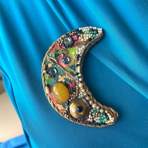 Vintage 80’s Crescent Moon Pin Brooch, Handmade Art 1983, Artist Signed, Plastic, Metal, Beads, Blouse, Jacket, Fashion Clothing Accessory
