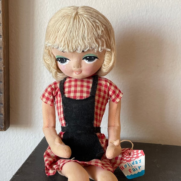 Vintage Blonde Pose Doll in Red & White Checked Dress with Holiday Fair Hang Tag, Big Eyes MCM French Twisty Fashion Doll, 50's, 60's Japan