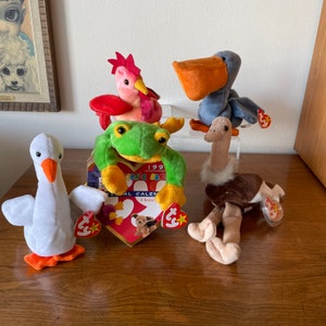 5 Vintage Plush Beanie Baby Toys, Birds, Frog by TY + 1999 Calendar, Boy, Girl, 80’s Mall, 90’s Retro, Fun Birthday Gift Play Doll