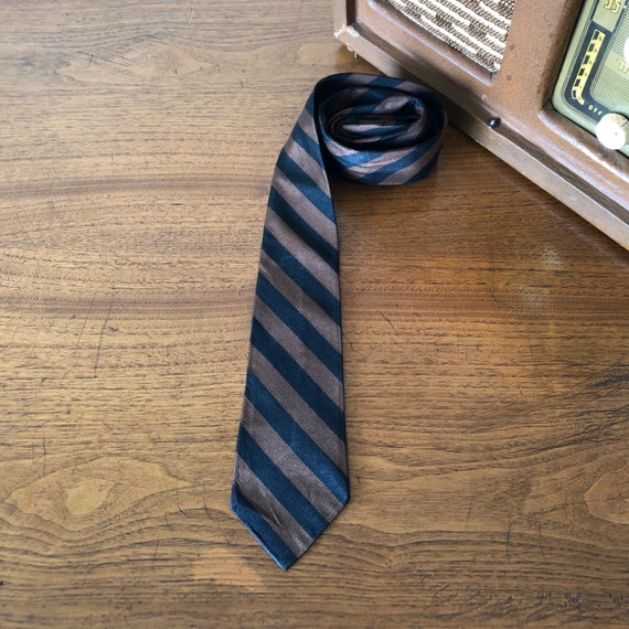 Vintage Necktie Black & Brown Stripes, Mad Men Sk… - image 1