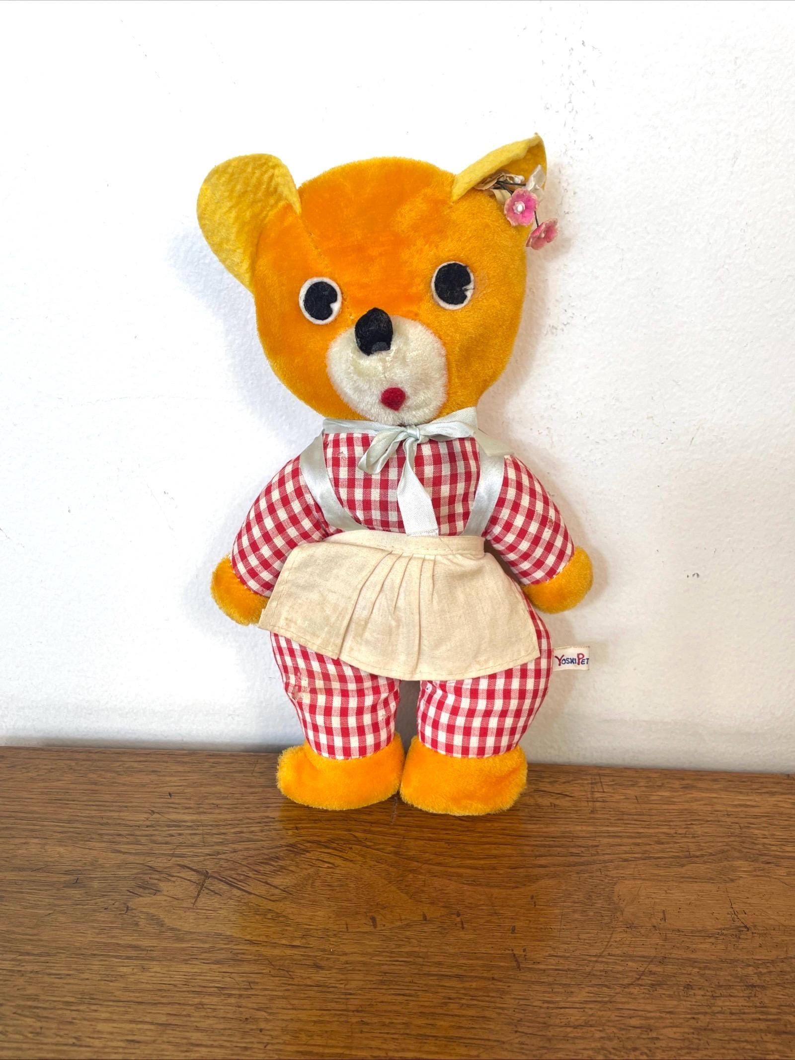 りしゅたん TEDDY CHECK JK Vintage Orange Plush Teddy Bear Tagged Yosxi Made in Japan With