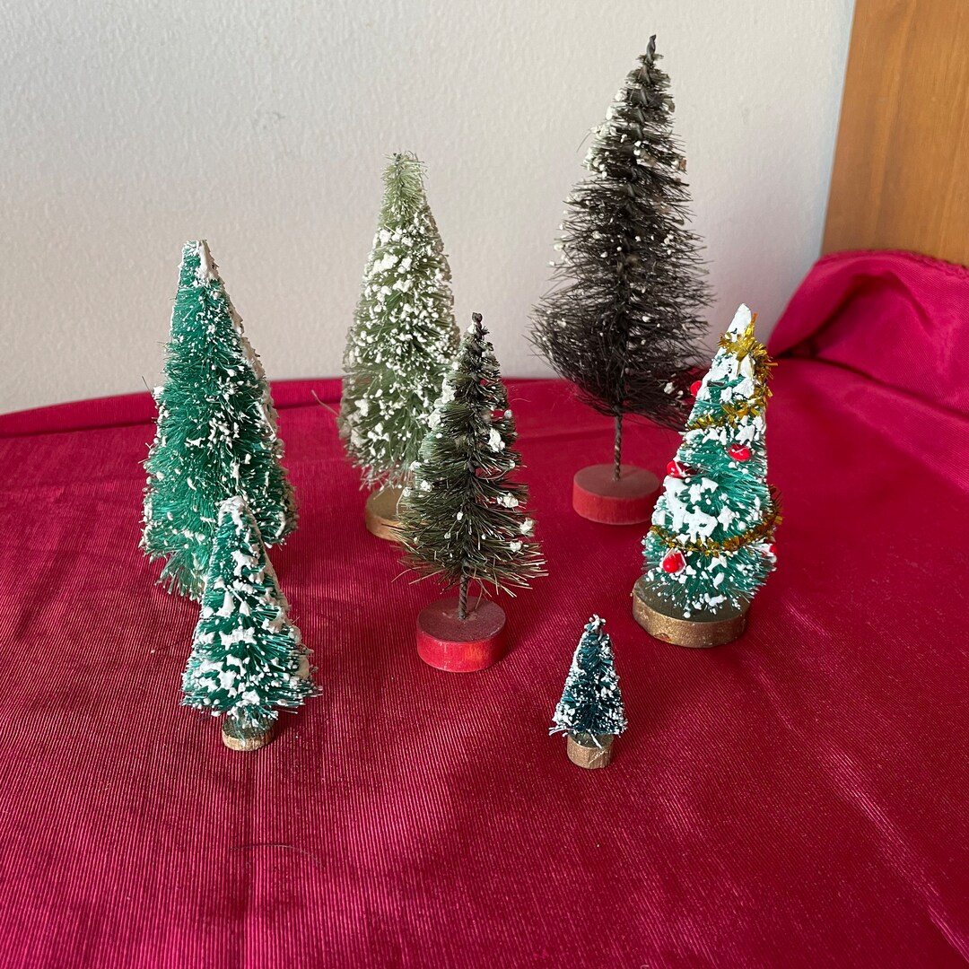 Vintage Christmas Bottle Brush Tree Lot of 7, Flocked Snow, Wooden Base