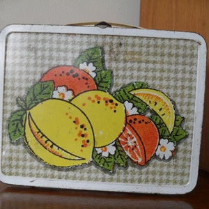 Vintage Fruit & Gingham Metal Lunchbox Retro Original 1970s Oranges, Lemons, Watermelon by Ohio Art image 1