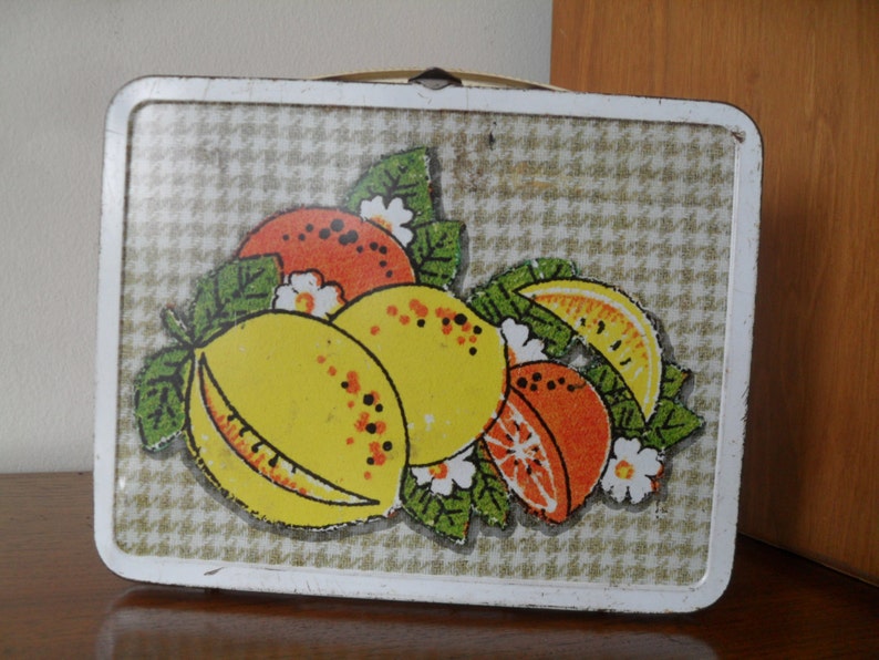 Vintage Fruit & Gingham Metal Lunchbox Retro Original 1970s Oranges, Lemons, Watermelon by Ohio Art image 1
