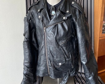 Vintage Black Leather Jacket 80's, 90's, Worn, Destroyed, Rock & Roll Band, Cafe, Motorcycle Racing Size XL, Man or Woman Fashion Clothing