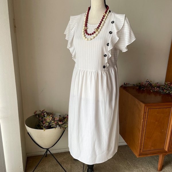 Vintage White with Black Stripes Dress, Flutter Sleeves, Buttons, Cute, Pretty, Retro Mad Men Woman Fashion Clothing 9 to 5 Work, Geek, Nerd