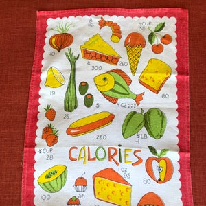 May include: A white tea towel with a red border features a colorful illustration of various foods with their calorie counts. The foods include a fish, a hot dog, a melon, a piece of pie, a lemon, a strawberry, a tomato, a piece of cheese, and a cup of cherries. The text "CALORIES" is printed in bold, red letters.