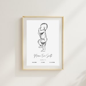 Dibujo de póster de nacimiento, póster personalizado con estadísticas del bebé, escala 1:1, decoración de guardería, regalo de nacimiento, boceto, acuarela, ARCHIVO DIGITAL