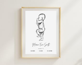 Dibujo de póster de nacimiento, póster personalizado de estadísticas del bebé, escala 1:1, decoración de habitación infantil, regalo de nacimiento, boceto, acuarela, archivo digital