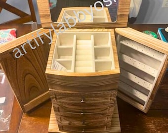 Wooden Jewelry Box for Women, Large Organizer with Mirror & Drawers