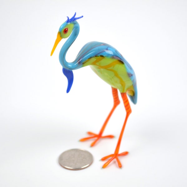 Silly Heron - lifelike lampworked glass bird figurine made by Glass Artist Wesley Fleming
