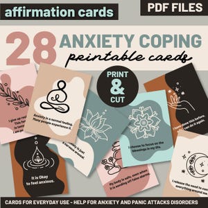 以下が含まれることがあります： 不安に対処するための、印刷可能なアファメーションカード28枚のセット。カードには、インスピレーションを与える引用句やイラストが描かれています。これらのカードは、印刷してカットし、毎日の使用を目的としています。