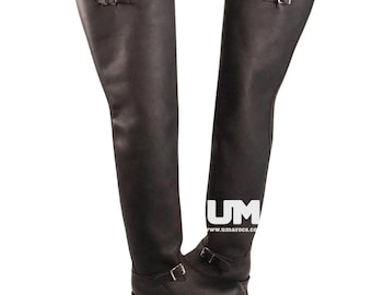 Mens Black Leather Thigh High Boots Handmade Adjustable Buckle Strap Custom Fit