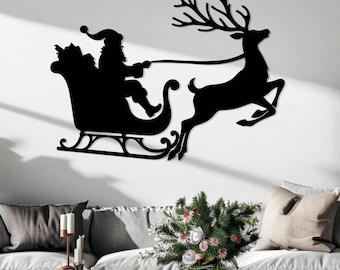 Santa Sleigh Metal Wall Art – Christmas Reindeer Silhouette Metal Decor gift