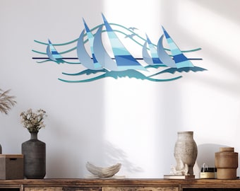 Metal Sailboat Wall Art: Modern Blue Ocean Nautical Metal decor with UV Print