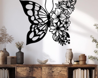 Decoración de pared metálica con mariposas florales – Acero cortado con láser para inspiración natural (interior/exterior)