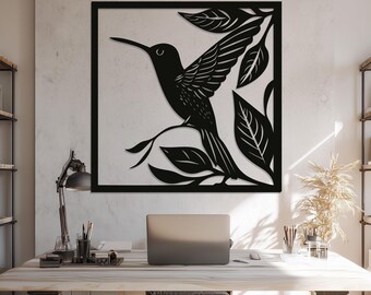 Hummingbird Metal Wall Art: Laser Cut Bird Silhouette with Leaves
