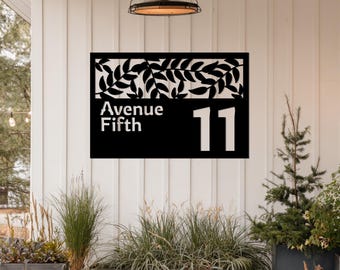 Leafy Border Metal Address Sign, Personalized Street Name Plaque, Black Outdoor House Number Plate, Modern Laser Cut Metal Wall Decor