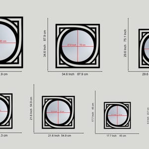round wall mirror framed with abstract square metal design, modern entryway styling