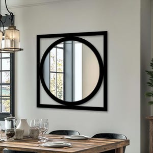 Moderne geometrische vierkante lijst wandspiegel, zwarte minimale ronde middelste spiegel wanddecoratie voor hal, halspiegel, ronde metalen spiegel