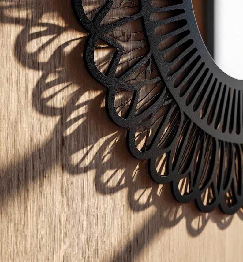 minimalist geometric black metal frame mirror, round wall mirror for office or studio