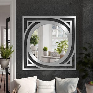 abstract geometric metal frame mirror, black round wall mirror for bathroom and hallway decor