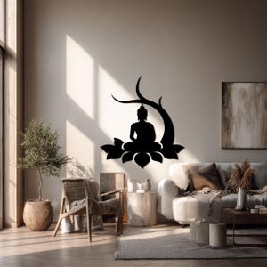 Buddha sitting under tree metal wall art with lotus design