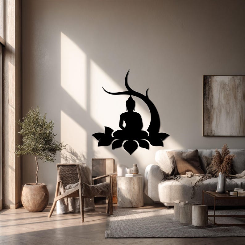 Buddha sitting under tree metal wall art with lotus design