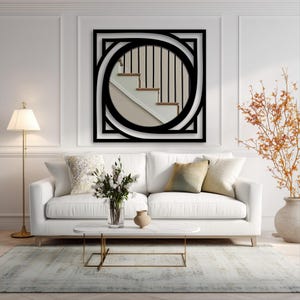 statement round wall mirror with geometric metal frame, modern black home decor piece