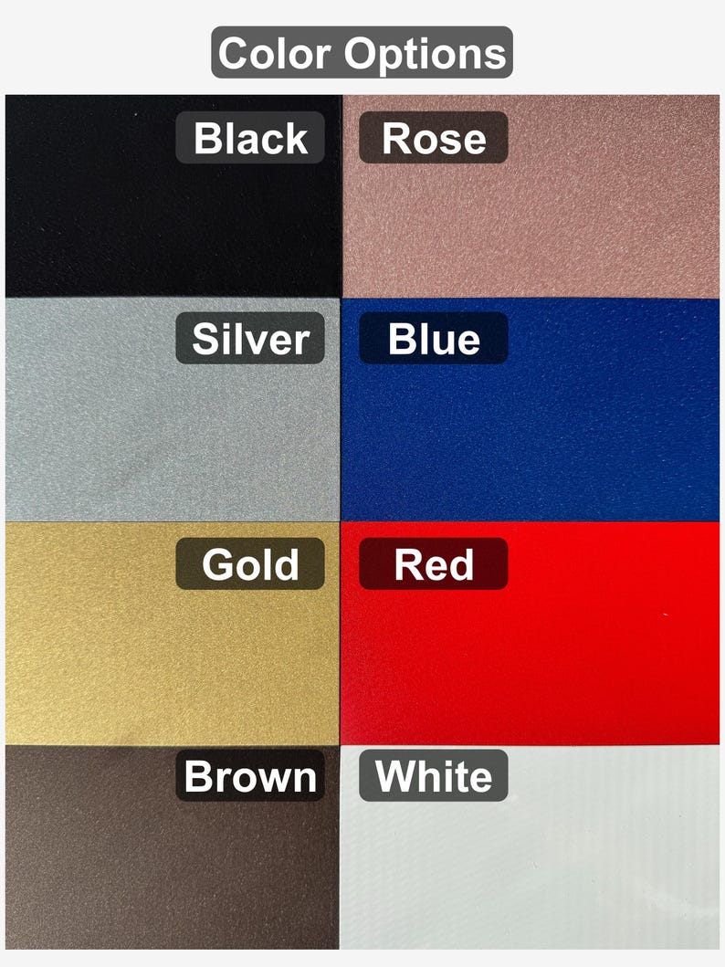 a color options collage with various color options such as black, rose, silver, blue, gold, red, brown, and white.