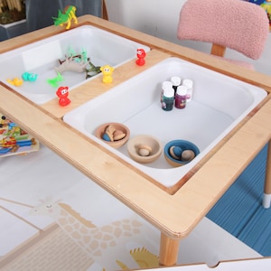 Montessori Activity Table with 2 Bins: Wooden Kids Play Table