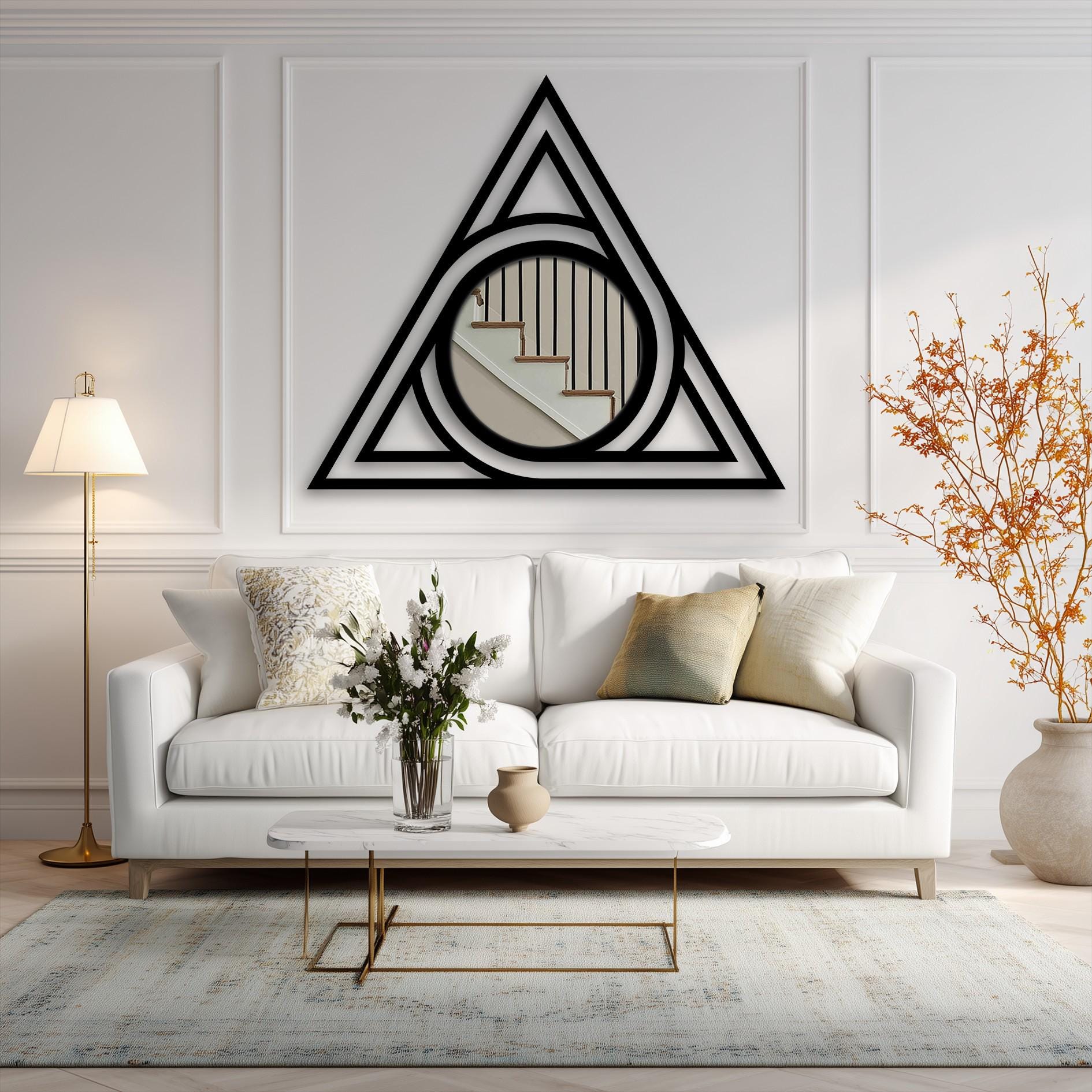 鏡 GEOMETRY WALL HANGING MIRROR Abstract Triangle Wall Mirror With Circular Center, Modern Black