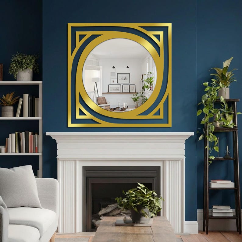 modern black metal round mirror with square outer frame, bold statement wall decor