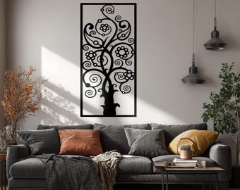 Arte de pared metálico con remolinos florales: elegante diseño de árbol de flores cortado a láser, decoración botánica moderna de metal para paredes de sala de estar y dormitorio.