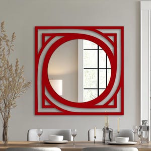 laser cut geometric metal frame round mirror, contemporary black wall mirror for home