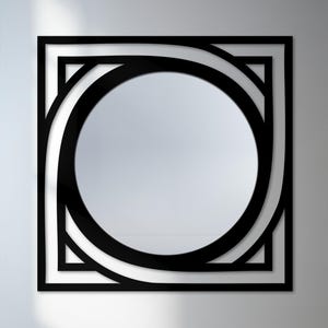 modern abstract metal frame wall mirror in black, architectural design for entryway