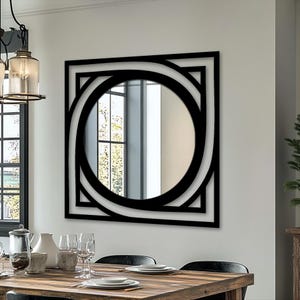 Espejo de pared redondo con marco de metal geométrico moderno, espejo cuadrado abstracto negro, espejo de baño contemporáneo con marco de metal decorativo.