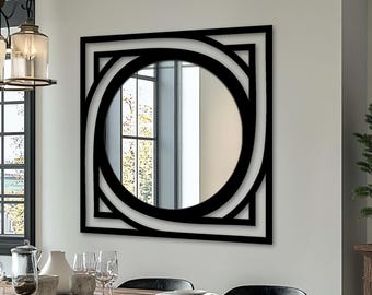 Modern Geometric Metal Frame Round Wall Mirror, Black Abstract Square Mirror, Contemporary Entryway Bathroom Mirror metal frame decor