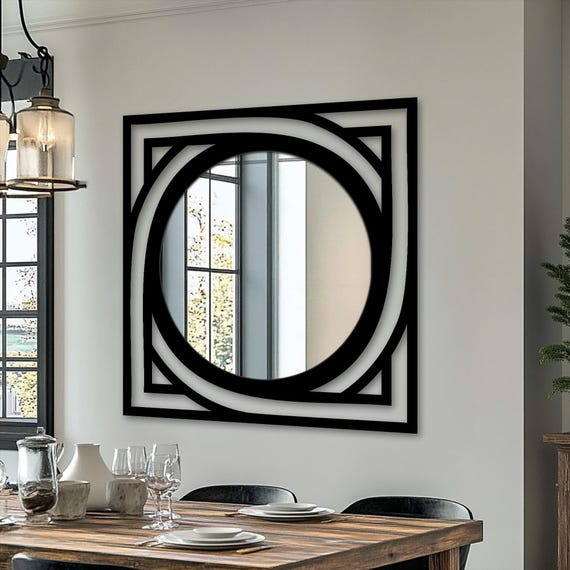 Modern Geometric Metal Frame Round Wall Mirror, Black Abstract Square Mirror, Contemporary Entryway Bathroom Mirror metal frame decor
