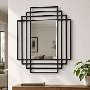 Layered Geometric Rectangular Wall Mirror with Black Metal Frame Modern Architectural Design Mirror