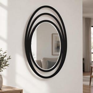 Miroir mural ovale en métal noir, cadre moderne à trois anneaux, décoration pour entrée