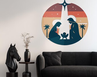Arte mural metálico de la Natividad de la Sagrada Familia: Escena navideña religiosa, decoración moderna de pared metálica con estrella de Belén